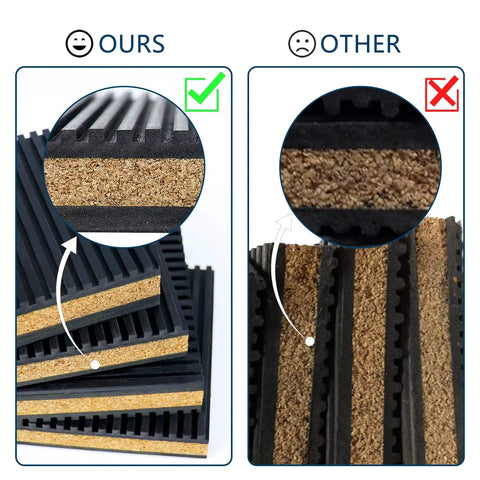 Comparison showing anti vibration pads. Ours: Rubber and cork layers, smooth surface. Other: Rough surface. Anti Vibration Pads For Home And Workshop Applications 4 By 4 By 7 Eighth Inch Rubber And Cork Vibration Isolation Pads To Reduce Noise And Vibration Durable Oil Resistant Weatherproof 4 Pack.