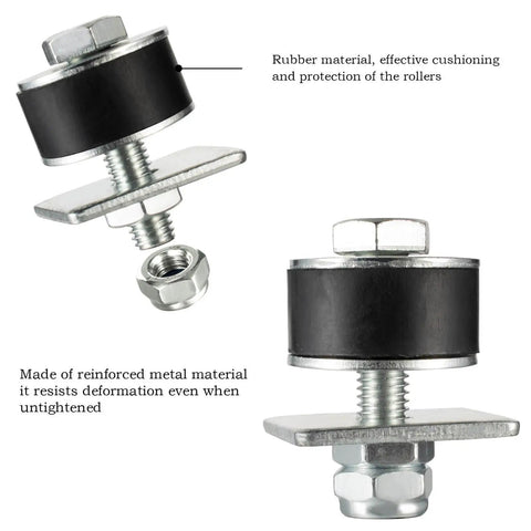 Close-up of Secure 1-5/8 inch strut channel hoist and beam trolleys with rugged trolley limit hardware, featuring double nut anti shock design and durable rubber blocks.