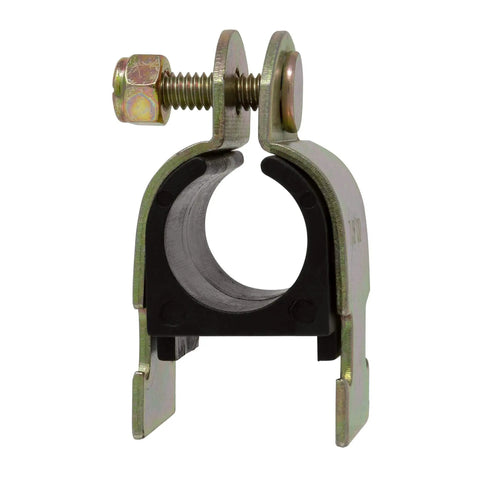 Durable zinc plated steel strut clamp with a soft rubber cushion, visible front view for 3/4-inch NOM piping support