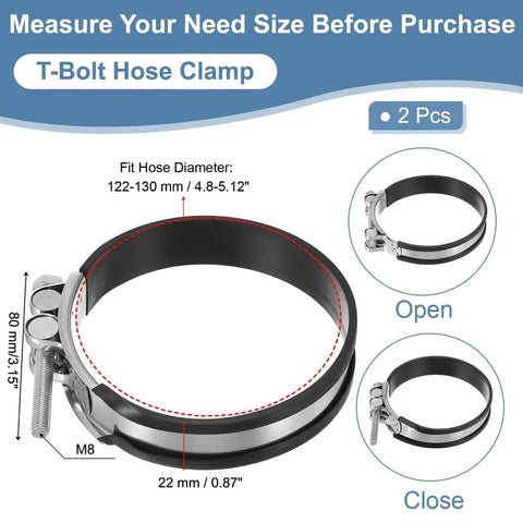 122 To 130 Mm T Bolt Hose Clamp 2 Pack Rubber Cushioned Intake Intercooler Pipe Clamps 304 Stainless Steel Radiator Hose Clamp