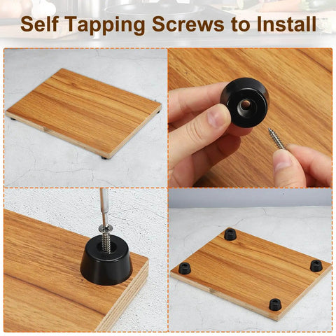 12 Pack Round Rubber Cutting Board Feet With Stainless Steel Screws shown on a wooden board for stability and shock absorption