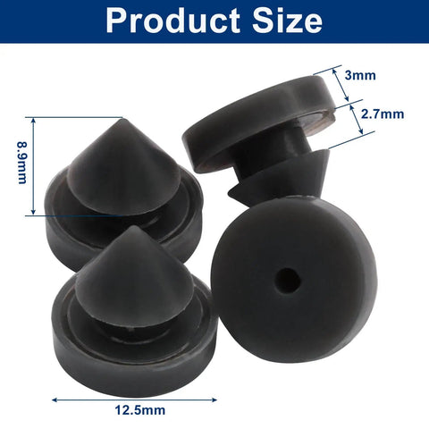 Durable rubber door silencers absorb impact and reduce slams, 1/2-inch size, heat resistant, shown from side view with dimensions.