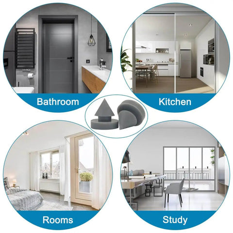 Diagram showing uses of 50 Pcs Rubber Door Silencers For Metal Door Frames Half Inch Diameter Anti Collision Silencers in various rooms