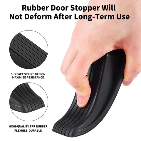 Close-up of hand holding 2 Pack Premium Rubber Door Stoppers For Bottom Of Door Security Heavy Duty Non Slip Wedges For Carpet Wood Tile Hardwood Floors Anti Scratch Quiet Durable Door Stopper Set, showcasing durability and flexibility.