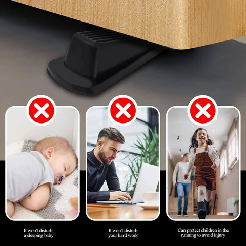 4 Pack Door Stoppers, Rubber for Bottom of Door, shown in use stopping a door with images highlighting quiet operations for various settings.