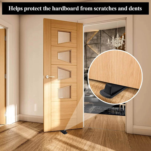 4 Pack Door Stoppers, Rubber for Bottom of Door, Rubber Door Stopper Wedge in use on wooden floor with door open