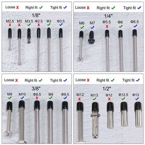 Diagram showing usage of 40pcs Round Rubber End Caps 1/8" 1/4" 3/8" 1/2" Black Vinyl Cover Screw Thread Protectors Assortment Kit