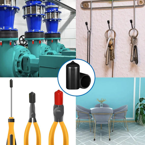 Premium Rubber End Caps Kit 300Pcs Black Vinyl End Caps For Bolts And Screws In 9 Sizes collage with various tools and furniture applications