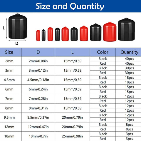Premium Rubber End Caps Kit 300Pcs Black Vinyl End Caps For Bolts And Screws In 9 Sizes From 2mm To 18mm size and color chart