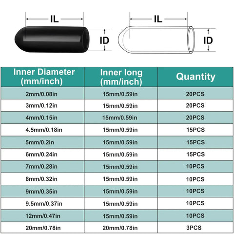 Size chart for Round Rubber End Caps Set 158 Pieces With 12 Sizes Includes Vinyl Tube Bolt Caps And Screw Thread Protectors.