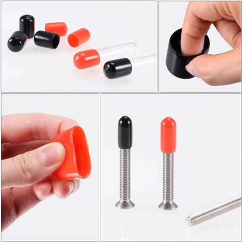 Close-up of black and red rubber caps from 50pcs Round Rubber End Caps 1/8" 3/16" 1/4" 5/16" 3/8" Black Vinyl Cover Screw Thread Protectors Assortment Kit.