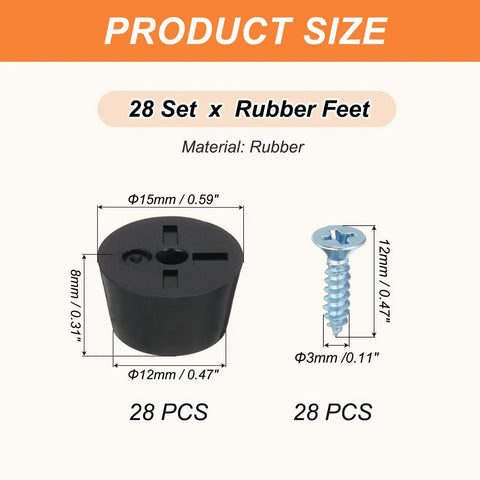 28 Pack Rubber Feet Set 15x12x8mm Screw On Grippy Non Slip Bumpers For Electronics Furniture Cutting Boards with 3x12mm Screws