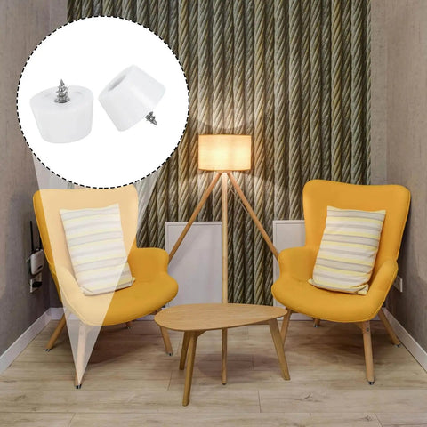 Living room with two yellow chairs and a lamp, inset showing 20 Pack No Slip Rubber Feet Bumpers With Stainless Steel Screws For Cutting Boards, Furniture, Chairs And Desks, Black, 0.79 In Top Diameter