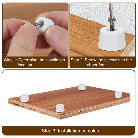 Installation steps for 20 Pack No Slip Rubber Cutting Board Feet Bumpers Round Pads With Stainless Screws shown on wood surface.
