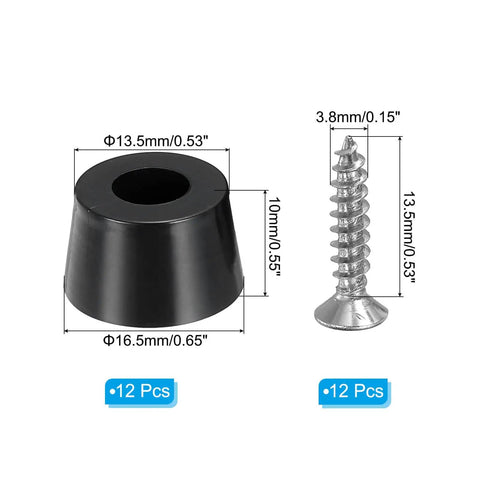 Round Rubber Cutting Board Feet 12 Pack With Stainless Steel Screws Non Slip Bumpers For Furniture Chairs Desks Electronics Durable Shock Absorbing Pads, displayed with measurements.