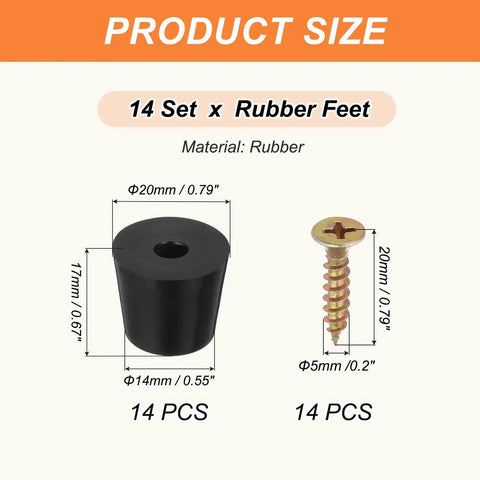 14 Piece Rubber Feet Set Non Slip Bumpers With 5mm Screw On Hardware, round black pad and screw, 20x14x17mm size display.