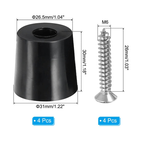 Four Pack Round Rubber Cutting Board Feet With Stainless Steel Screws No Slip Bumpers For Furniture Chairs Desks And Electronics That Keep Your Setup Solid 0.24 Inch Wide By 1.18 Inch High, showing a single rubber foot and screw dimensions.
