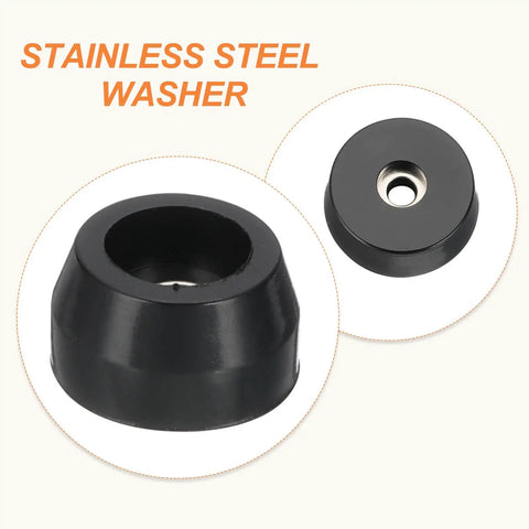 Stainless steel washer with durable PVC rubber construction for furniture and electronics, black color, front and side view