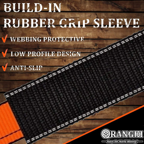 Wheel Chock Tie Down Kit With Rubber Grip Sleeve showcasing webbing protective, low profile design, and anti-slip features for trailer E Track system.
