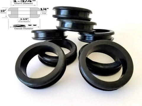 Eight-pack rubber grommets designed for 1-3/4 inch holes shown with detailed measurements diagram