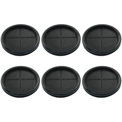Set of six black rubber grommets for wiring 2-1/8 inch ID, 2-1/2 inch drill hole, for automotive enclosures and metal electrical boxes.