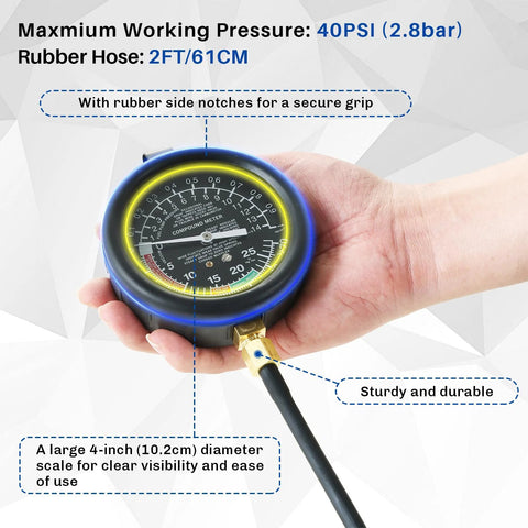 weyleity fuel pump and vacuum tester gauge with blue housing and large 4-inch dial, brass hose fitting