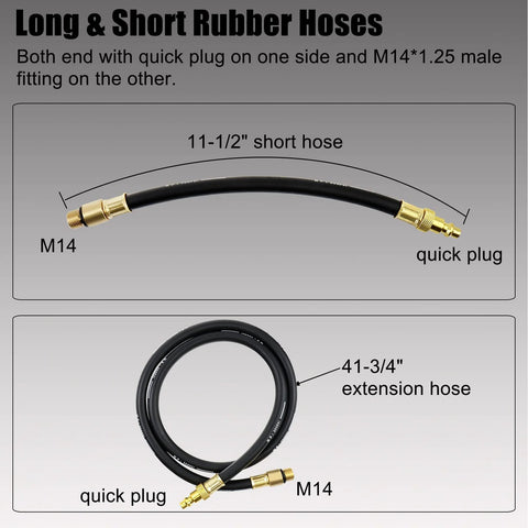 YS TOOL cylinder leak-down tester kit: black hoses with brass M14 fittings; 11-1/2" short and 41-3/4" extension hoses.