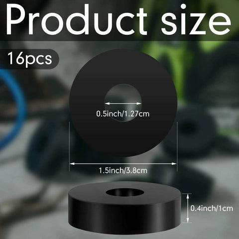 Set of 16 thick rubber isolation pads with 1.5 inch outer diameter, 0.5 inch inner hole, and 0.4 inch thickness size details