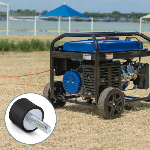 Compact M6/M8 cylindrical rubber isolator shown near outdoor generator demonstrating vibration damping for equipment