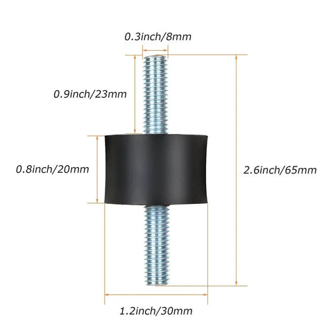 8 Pack M8 Rubber Isolator Mounts Anti Vibration Isolation Mounts With Double Stud For Air Compressors Garage Motors And Diesel Engines Reducing Vibration Noise And Protecting Equipment, shown with measurements