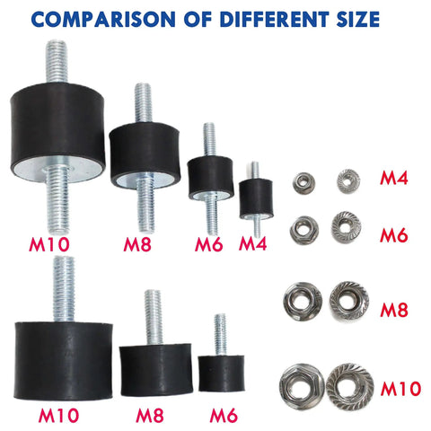 Comparison of various sizes of rubber isolator mounts with double studs and locknuts, including M10 40x30 mm for compressors.