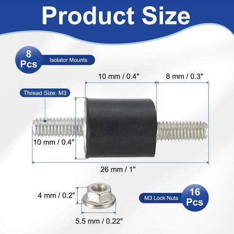 Efficient M3 rubber isolator mounts absorb vibration and cut noise for motors; compact 10x10 mm base, 26 mm height, 8 mounts with lock nuts.