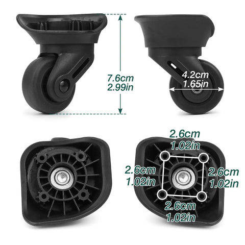 2 Pack Rubber Luggage Wheels Replacement Set with 360 Degree Swivel Caster For Suitcase Repair Durable, Wear Resistant Plastic Wheel Upgrade Non Universal Size Check Dimensions Before Install, showing two side views and bottom views with measurements.