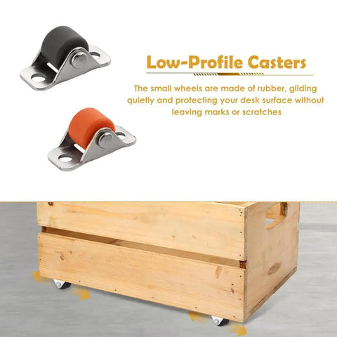 Half Inch Mini Fixed Caster Wheels 10 Pack With 20 Screws Rubber Low Profile Wheels shown on wooden box and separately