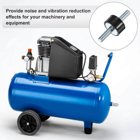 Four Pack D20xH10mm Rubber Mounts With M6x18mm Studs, Rugged Vibration Isolators for air compressors, shown with compressor.