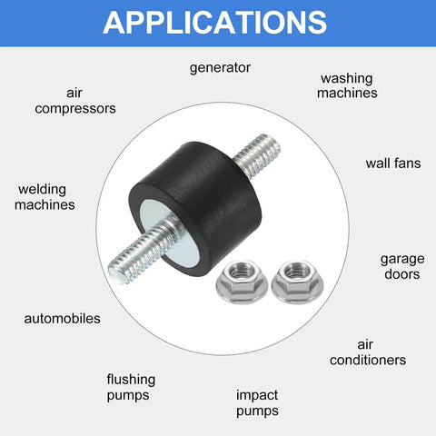 M4 X 10mm Rubber Mounts With 10 X 15mm Cylindrical Anti Vibration Isolators Studs And Nuts For Car Generators Air Compressors Durable Zinc Plated Shock Absorber Mounts 4 Pack shown with application options.