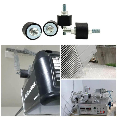 M8 Rubber Mounts Anti Vibration Isolators 30x20mm Cylindrical Vibration Isolation Mounts For Air Compressors Motors Diesel Engines Four Pack With Eight Lock Nuts shown in multiple installations.