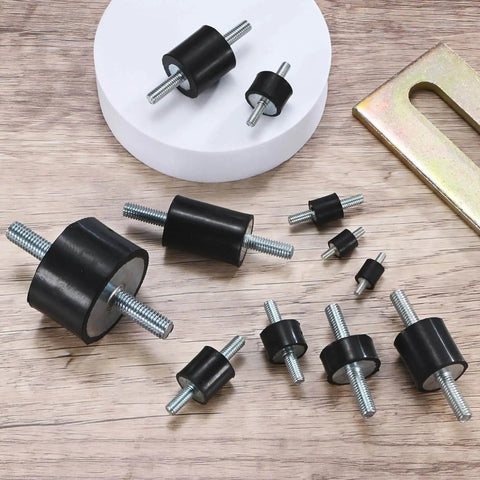 Assorted sizes of four pack D20xH10mm rubber mounts with M6x18mm studs, rugged vibration isolators for air compressors.