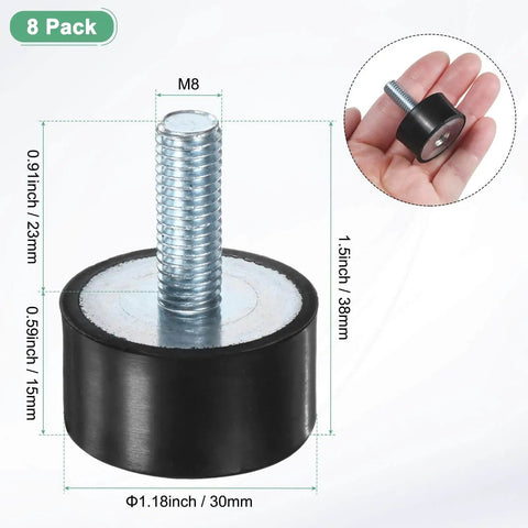Eight Pack Rubber Mounts D30mm x H15mm Vibration Isolators With M8 x 23mm Studs for air compressors, illustrated in hand view