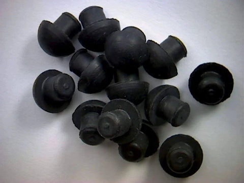 Small Rubber Push In Mushroom Bumper Fits Three Sixteenth Inch Opening And Eleven Thirty Second Inch Diameter With Five Thirty Second Inch Height 100 Pack Durable Bumpers For Tight Spaces Featuring A Convex Pad arranged on a white surface.