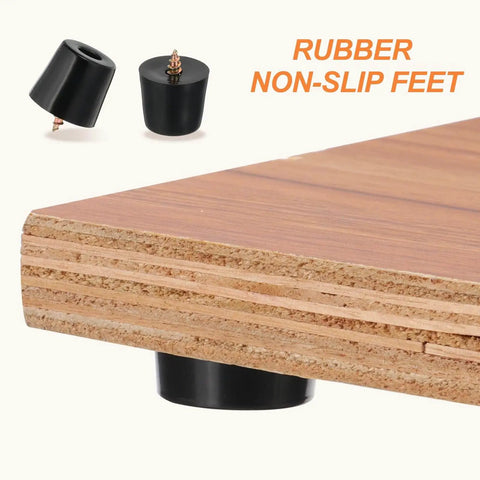 14 Piece Rubber Feet Set Non Slip Bumpers With 5mm Screw On Hardware for Furniture, image shows black rubber pad installed on wood