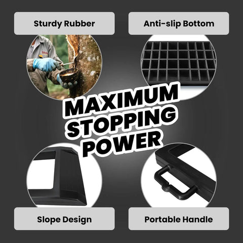 Illustration showing Heavy Duty Rubber Pallet Jack Wheel Chocks 2 Pack features: sturdy rubber, anti-slip bottom, slope design, and handle.