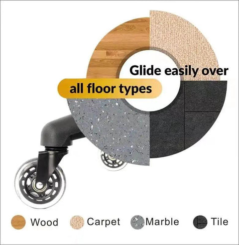 Gliding rubber caster showing suitability for wood, carpet, marble, and tile, used in Round 17 Inch Vinyl Table Height Stool With 360 Degree Swivel Heavy Duty Lab Medical Garage Home Spa Cleanroom Chair With Rubber Roller Black Stain Resistant And Easy To Clean Teflon Fabric Protection.