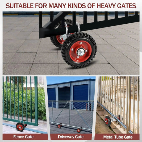 6 Inch Rubber Rolling Gate Wheel With Double U Bolts And Hardware Kit Sliding Gate Rollers For Driveway Gates Chain Link Fence And Metal Tube Gates Stainless Steel Plate 550 Lb Capacity Durable Outdoor Hardware installed on metal tube gate