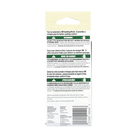 Packaging back of rubber sanding block for paint wood metal with pre cut sheet compatibility, showing multilingual safety instructions.