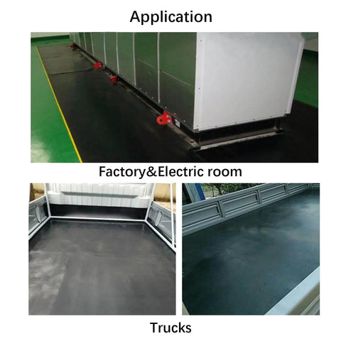 Applications of Solid Rubber Sheet Roll 1/8 Inch Thick 12x12 Inch With Adhesive Backing in factory floors and truck beds.