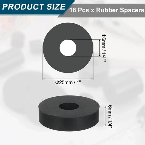 18 Pack Thick Rubber Spacers With 1 Inch Outer Diameter One Quarter Inch Inner Diameter And One Quarter Inch Thick Round Rubber Bushings Anti Vibration Flat Spacer Washers For Home And Industrial Machinery - shown with size dimensions