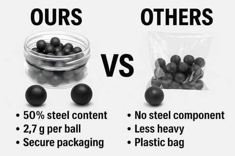 Comparison of 50 x Premium Quality Hard Mix Rubber Steel Balls vs. Others in packaging and material