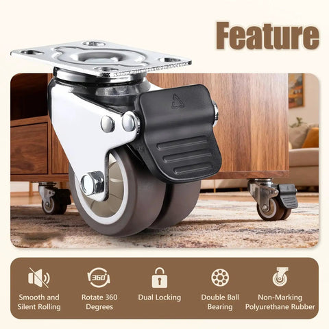 Close-up view of 1.5 Inch Double Wheel Swivel Caster Wheels Set Of Four With Rubber Caster Wheels And 396 Lbs Load Capacity