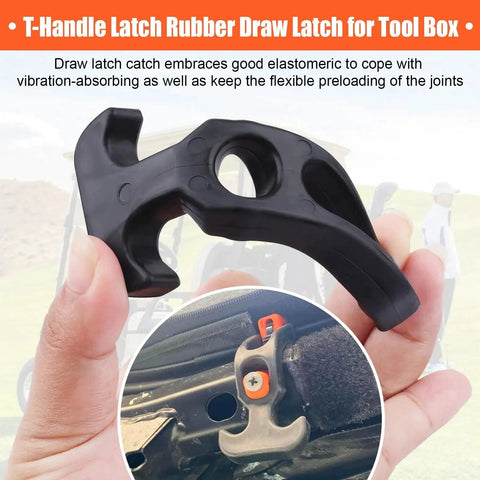Close-up of rubber flexible latch with T handle hasp, shown in hand and installed, absorbs vibration for automotive and industrial use.